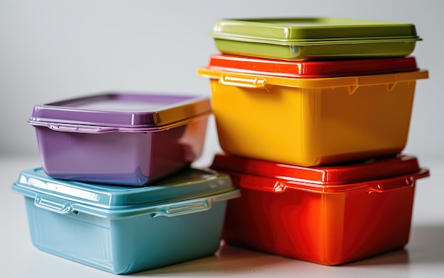 Assorted Plastic Containers Stacked on a Table for Storage or Organization