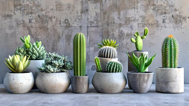 写真 コンクリートの表面のポットカクティ 室内植物コレクション 素材の家具 現代的なシンプルなスタイル ストック写真の使用に最適