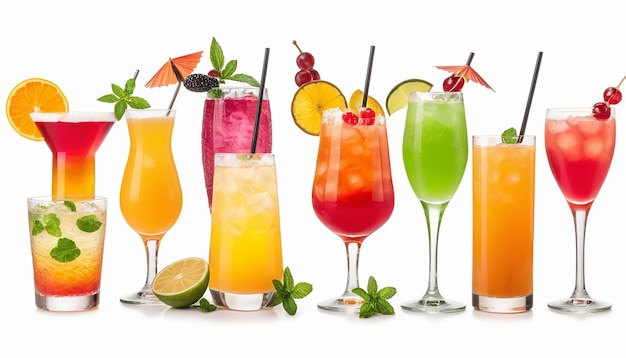 색 바탕에 고립 된 알코올 및 비알코올 음료의 다양한 범위
