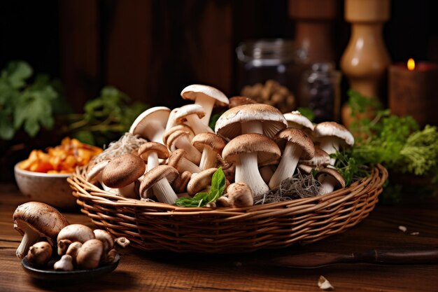 Assorted raw mushrooms on wooden table in wicker tray