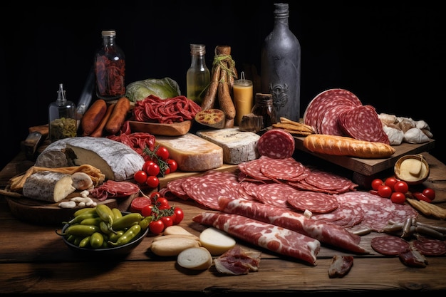 Assorted salami speck and sausages on wooden surface