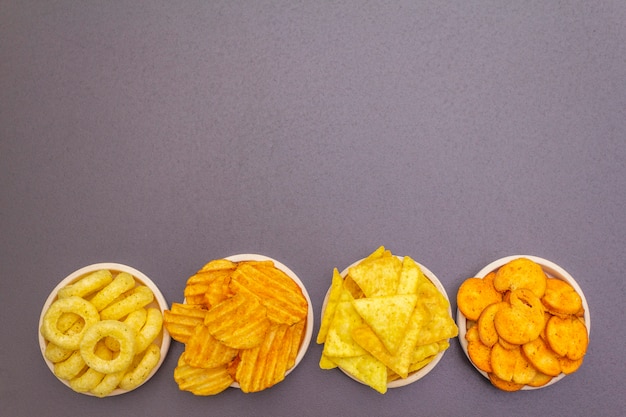 Assorted salty spiced snacks.