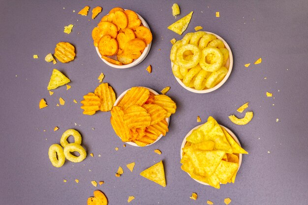 Assorted salty spiced snacks.