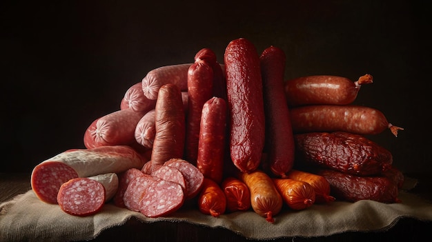 Assorted Sausages on Cloth A Variety of Homemade Smoked Sausages From a Farm Cellar