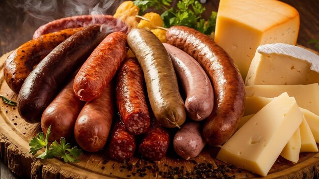 Assorted sausages near cheese