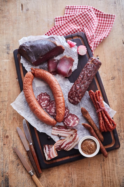 Assorted sausages served on tray