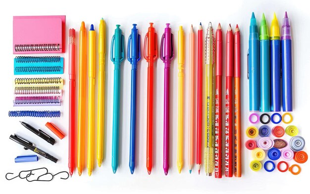 Foto schoolcolored stationery ensemble su uno sfondo bianco pulito