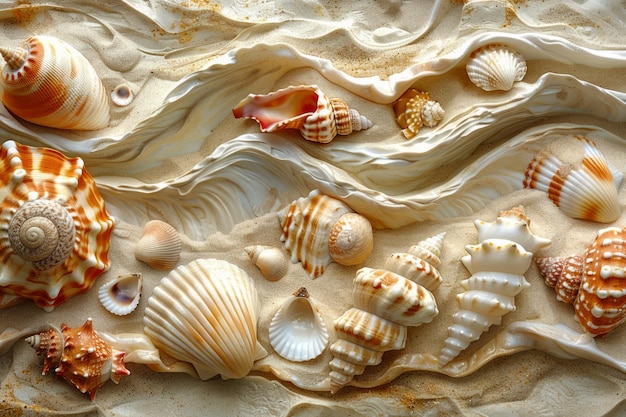 Assorted Seashells on Sandy Beach Texture Collection of Various Seashell Types Arranged Artfully on