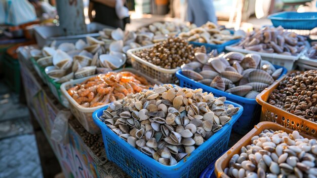 Assorted shellfish for sale at a seafood market