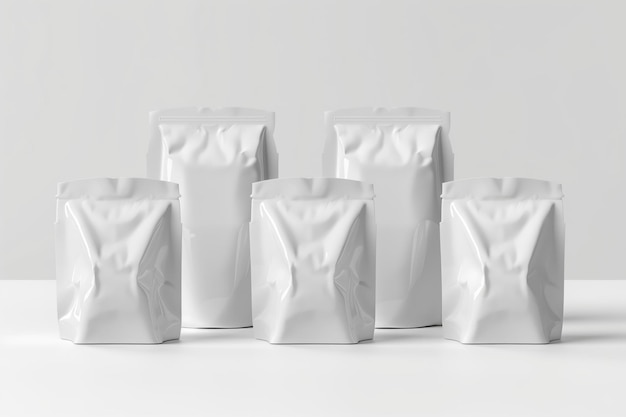 Assorted sizes of plain white sealable packaging pouches on a gray background
