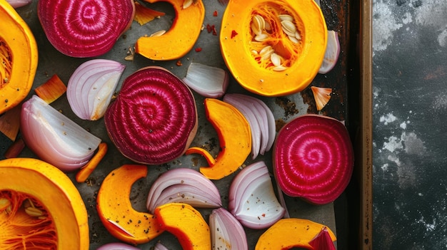 Assorted sliced vegetables on a baking tray ready for roasting