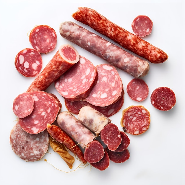 Assorted smoked sausages on white background Flat lay top view