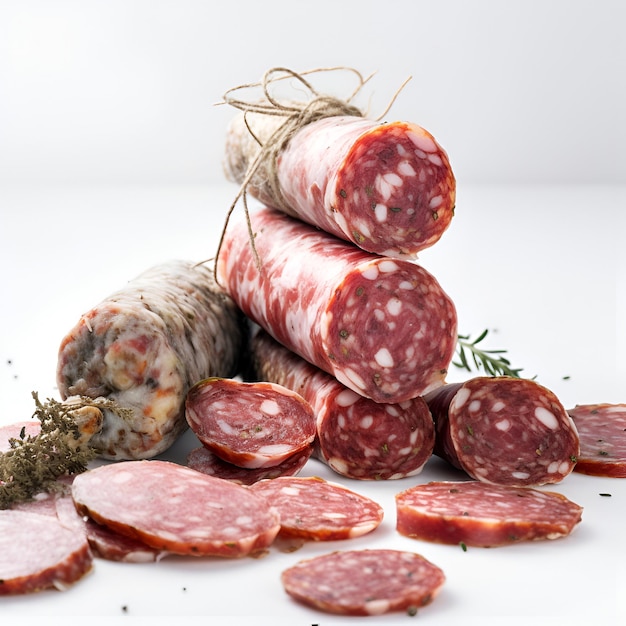 Assorted smoked sausages on white background