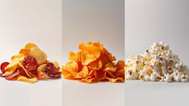 Assorted Snack Piles on White Background Simple and Clean Design Perfect for Food Advertising Healthy vs Unhealthy Choices AI