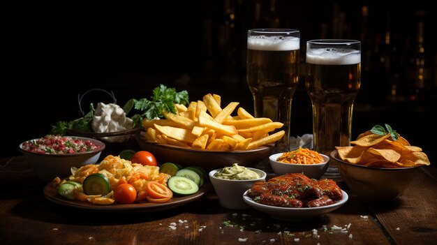 Foto snack variati, patatine e un bicchiere di birra al buio.