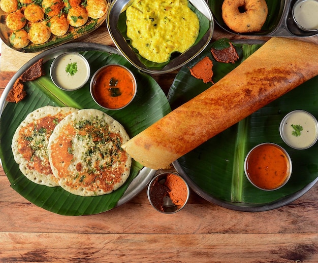 Assorted South indian breakfast foods on wooden background Ghee dosa uttappammedhu vadapongalpodi idly and chutney Dishes and appetizers of indian cuisine