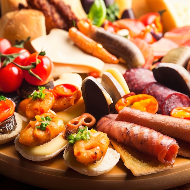 Assorted spanish tapas with fish sausage cheese and vegetables