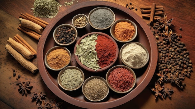 Assorted Spices in Bowls on Wooden Table