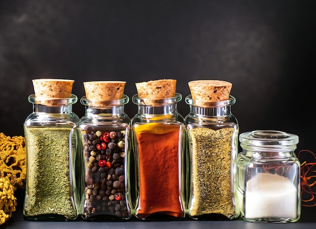 Assorted Spices in Glass Jars on Black Background Vibrant Colors and Textures