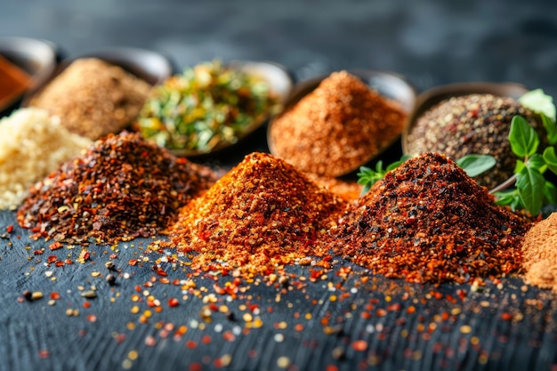 Assorted Spices and Herbs Arranged in Heaps on Dark Wooden Table Seasoning Variety for Culinary