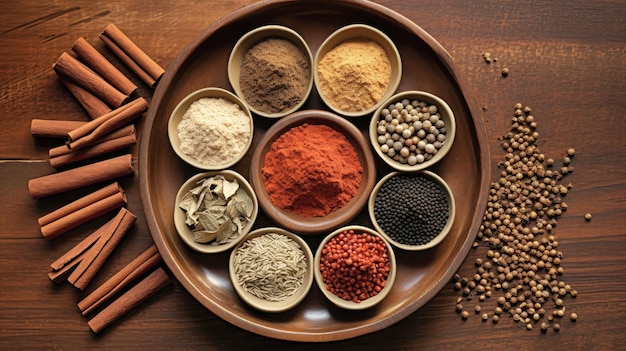 Assorted Spices and Herbs on a Wooden Table