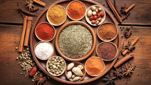 Assorted Spices and Herbs on Wooden Table