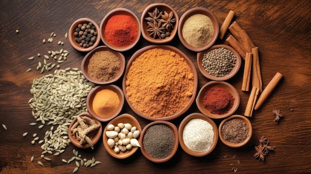 Assorted Spices and Herbs on Wooden Table