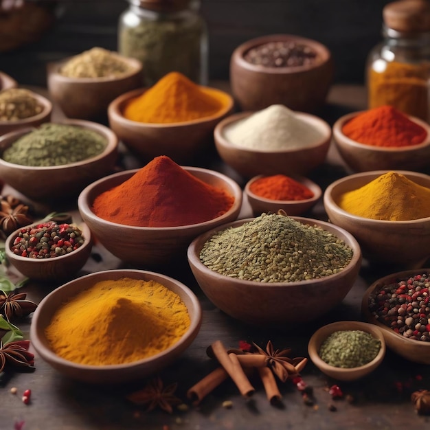 Assorted spices on kitchen table