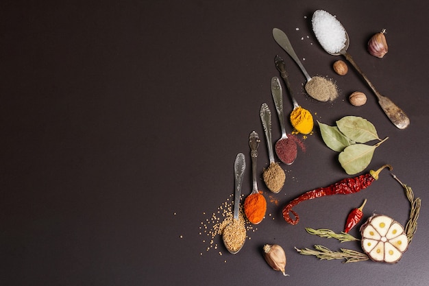 Assorted spices in spoons, dry herbs and vegetables