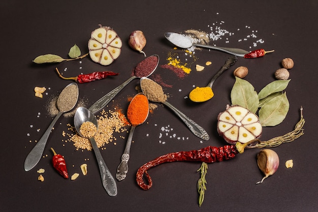 Assorted spices in spoons, dry herbs and vegetables