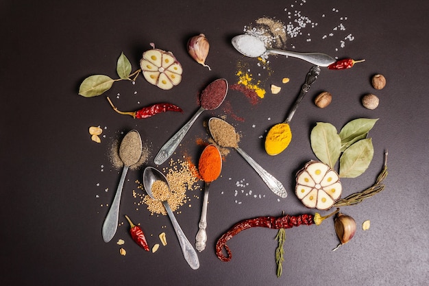 Assorted spices in spoons, dry herbs and vegetables