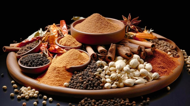 Photo assorted spices on wooden plate