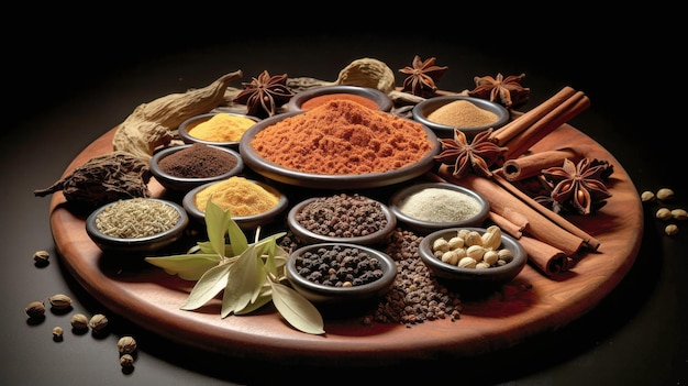 Assorted Spices on Wooden Plate