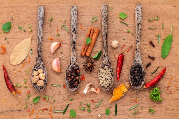 Assorted of spices in wooden spoon black pepper white pepper black mustardyellow mustardfenugreekcumin curry powder paprika and fennel seeds on teak wood background