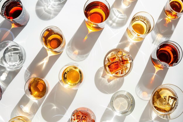 Photo assorted spirits in glasses on white background top view
