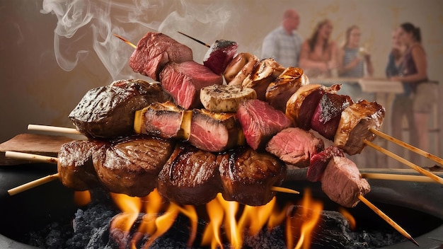 Photo assorted steak skewers over fire flames