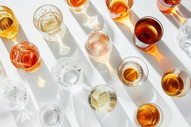 Photo assorted strong alcoholic drinks in glasses white background top view