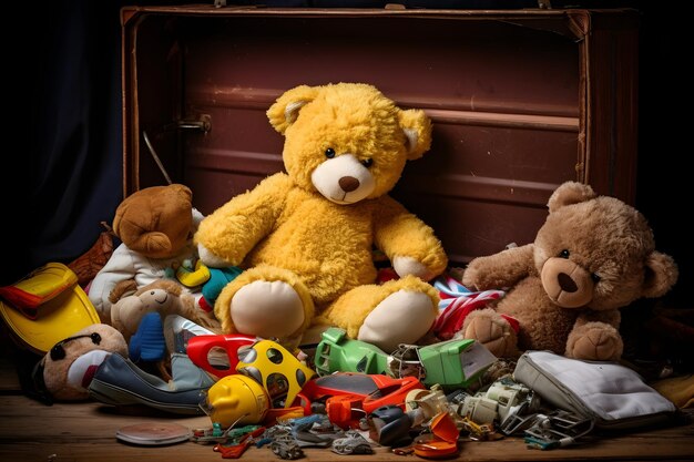 Assorted Stuffed Animals Packed in a Suitcase on the Floor for Travel or Storage Purposes Generative