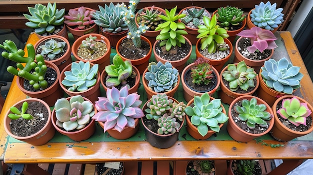 Assorted succulent plants in terracotta pots on display top view