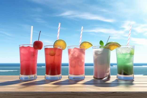 Assorted summer cocktails on a wooden table with a beautiful beach setting generative ai