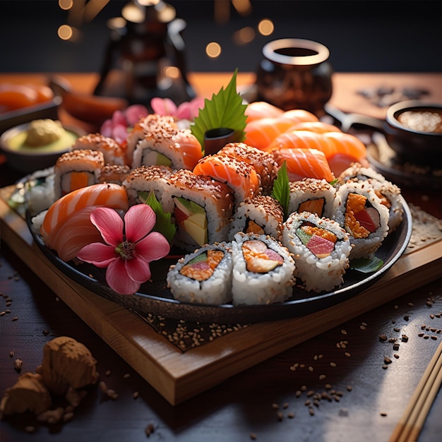 Assorted sushi nigiri and maki big set on slate A variety of Japanese sushi with tuna crab salmon