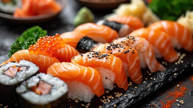 Assorted sushi nigiri and maki big set on slate A variety of Japanese sushi with tuna and crab