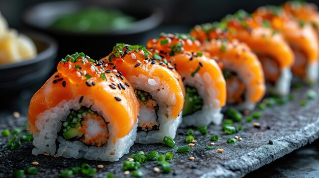 Assorted sushi nigiri and maki big set on slate A variety of Japanese sushi with tuna and crab