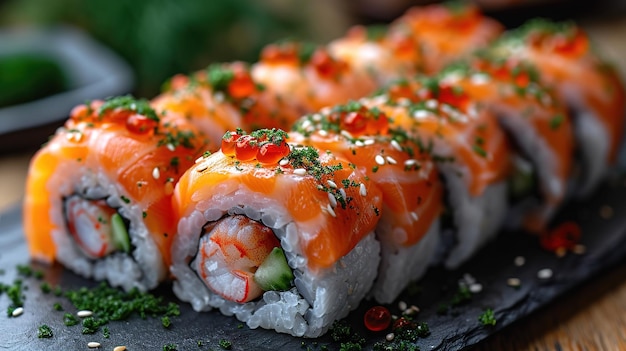 Assorted sushi nigiri and maki big set on slate A variety of Japanese sushi with tuna and crab