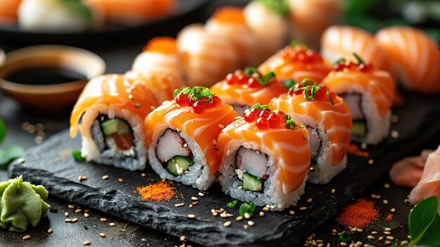 Assorted sushi nigiri and maki big set on slate A variety of Japanese sushi with tuna and crab
