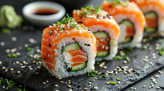 Assorted sushi nigiri and maki big set on slate A variety of Japanese sushi with tuna