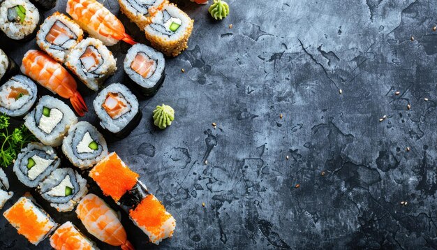 Assorted sushi platter on dark slate background