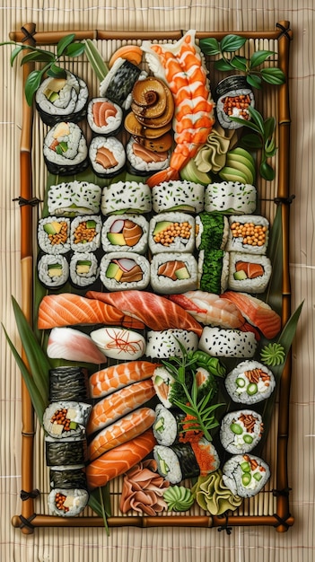 Assorted sushi platter with a variety of rolls nigiri and sashimi displayed on a bamboo mat