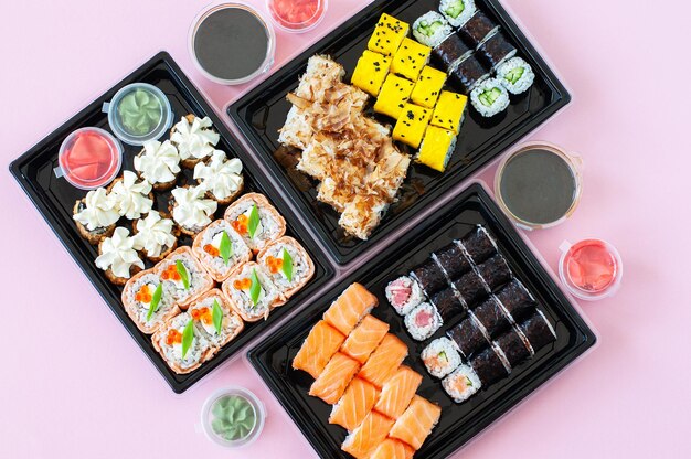 Assorted sushi roll sets Japanese popular food Top view