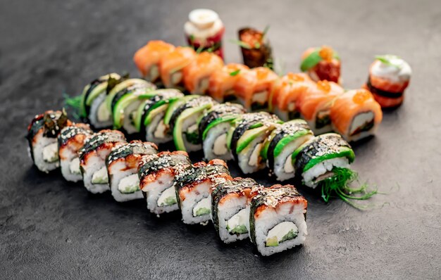 Assorted sushi set nigiri and sushi rolls on stone background